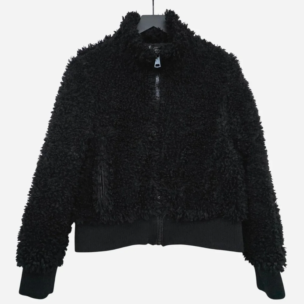 Zara Black Boucle Fleece Teddy Sherpa Faux Fur Cropped Bomber Jacket, M